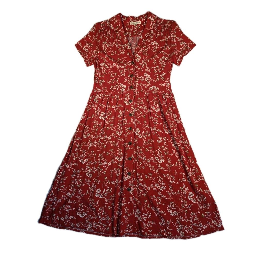 Indigo Rose Women's Medium Dress Red White Floral V Neck Collared Prairie Style